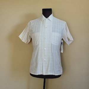 50s shirt, mens 15, lightweight cotton, beige grey plaid