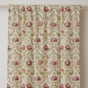 Vintage Floral Linen Curtain Panel – Burgundy Peony Print on Beige Background – Elegant Botanical Window Drapery for Classic Home Decor