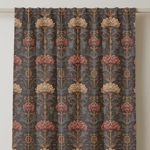 Dark Floral Linen Curtain Panel: Vintage Art Nouveau Botanical Drapes