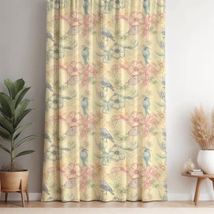 Vintage Bird Floral Window Curtain – Botanical Beige Drapes for Living Room or Nature Inspired Decor