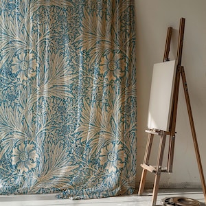Linen Curtain Blue Botanical Floral Drapery William Morris Vintage Textile Arts & Crafts Elegant Window Panel Retro Decor