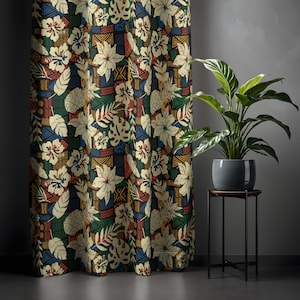 Tropical Fabric Curtain - Bold Floral Pattern with Hibiscus and Leaves, Island Style Decor