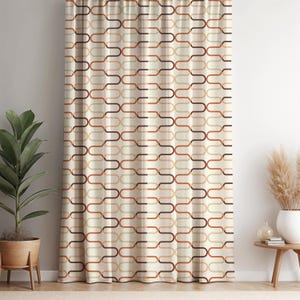 Retro Loop Pattern Curtain – Cream, Orange, and Brown Mid-Century Modern Drapes – Geometric Vintage Window Panel