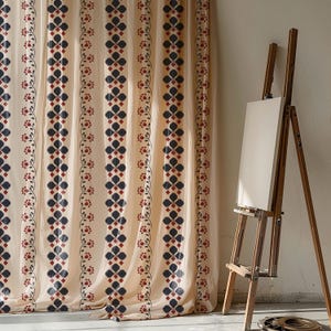 Vintage Striped Floral Linen Curtain, Boho Sheer Drape, Beige Red and Blue Patterned Curtain, Rustic Farmhouse Window Treatment