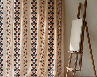 Vintage Striped Floral Linen Curtain, Boho Sheer Drape, Beige Red and Blue Patterned Curtain, Rustic Farmhouse Window Treatment