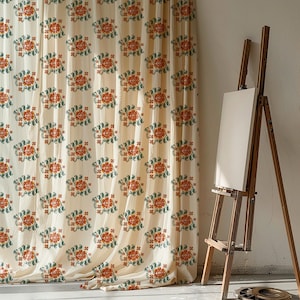 Floral Linen Curtain - Colorful Vintage-Inspired Pattern, Natural Fabric Window Covering, Cottagecore Home Decor