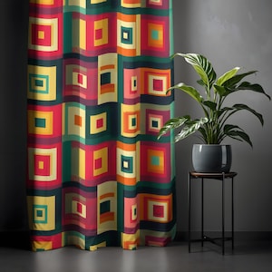 Retro Geometric Curtain – Bold Multicolor Square Pattern for Vintage & Modern Decor