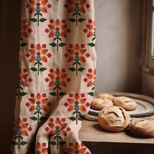 Tenda in lino con ricami floreali - Decorazione rustica per finestre della cucina