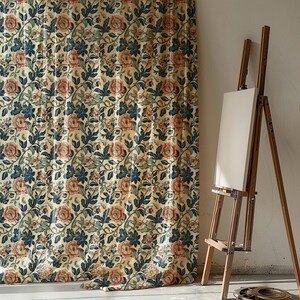 Cream and Blue Floral Linen Curtain, Vintage Botanical Drapes, Cottagecore Window Treatment for Rustic Home Decor