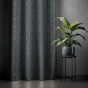 Art Deco Green & Gold Geometric Curtain Panel: Luxe Home Decor