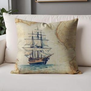 Fundas de almohada con diseño de barco vintage náutico: funda de cojín con mapa marítimo para decoración costera del hogar