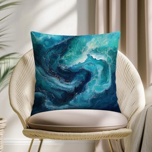 Deep Sea Whirl Decorative Pillow Cover – Turquoise & Indigo Abstract Cushion for Artistic Coastal Interiors
