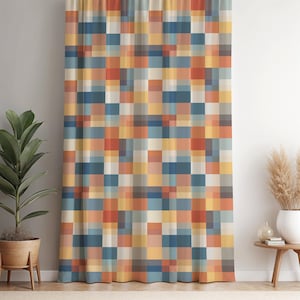 Colorful Plaid Window Curtain – Mid-Century Inspired Checkered Drapes for Retro or Modern Home Decor