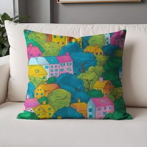 Funda de almohada de pueblo colorido: divertidas casas de dibujos animados en la naturaleza, cojín decorativo vibrante para habitación infantil, rincón de lectura o espacio creativo.