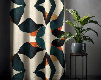 Retro Flowing Geometry Curtains – Earthy Green & Burnt Orange Drapes, Mid-Century Modern Art, Organic Abstract Window Panels