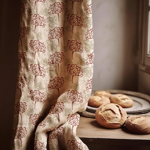 Rustic Floral Linen Curtain – Cream Drapes with Red and Sage Green Botanical Pattern for Vintage Farmhouse Home Decor