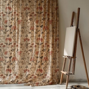 Vintage Botanical Linen Curtain: Rustic Floral Sheer Drape