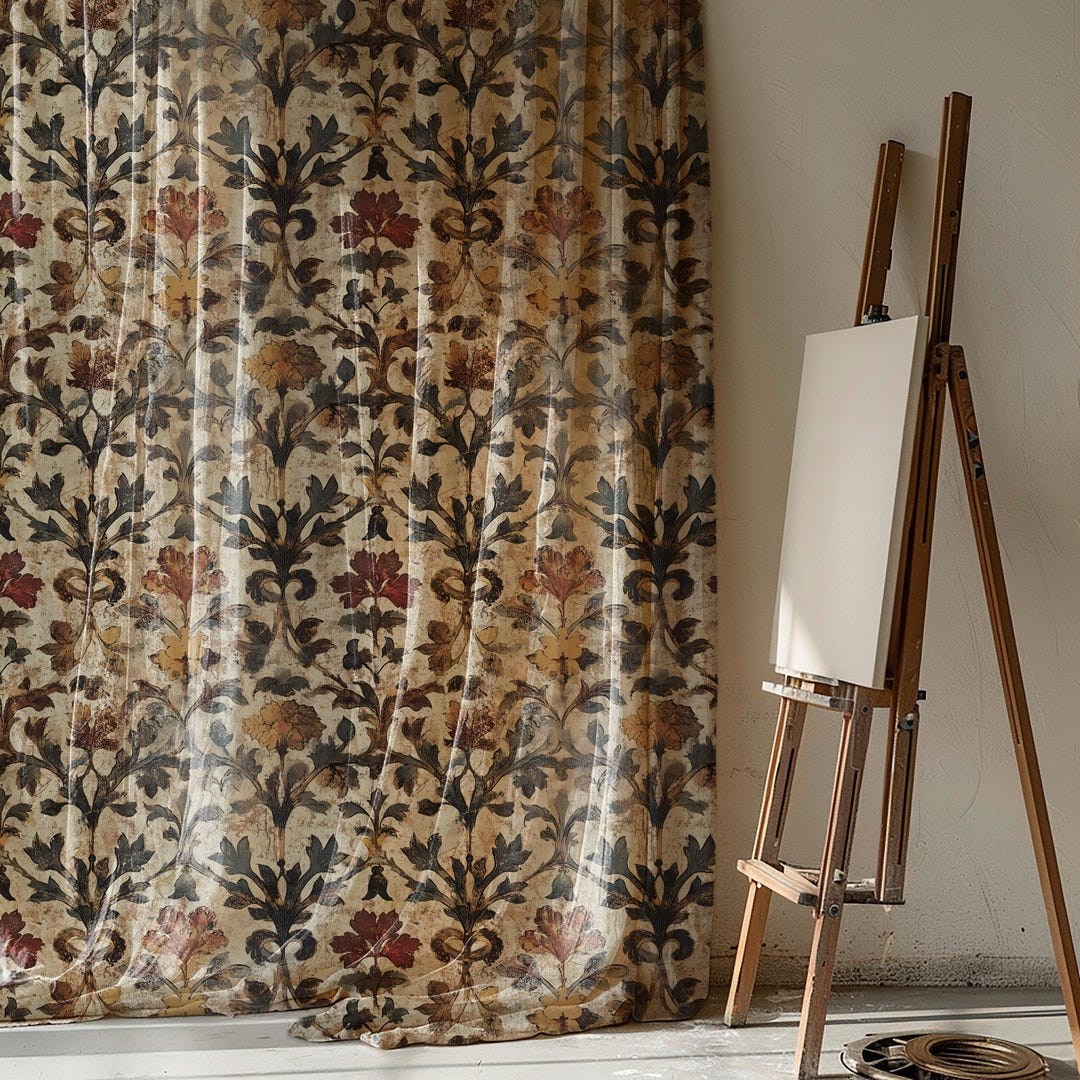 Beige Leaf Pattern Unlined Curtain Panel