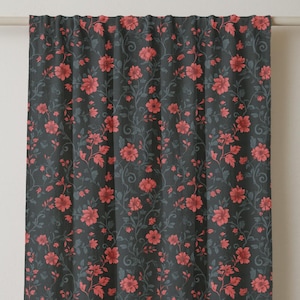 Dark Floral Linen Curtain: Red Blossom Gothic Room Decor - Single Panel