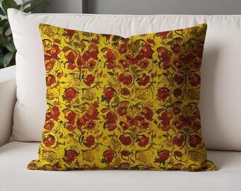 Gold On Red Damask Chenille Stripes Throw Pillow Cover – Customizable Size & Style
