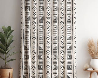 Mudcloth Curtain Panel: Black and Cream Tribal Print - Boho Window Drape
