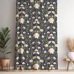 William Morris Navy Blue Floral Print Curtain - Vintage Arts & Crafts Botanical Pattern, Large Flowers, Classic Interior Textile