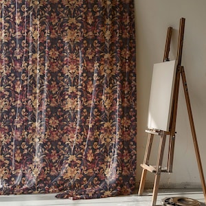 Dark Floral Linen Curtain: Vintage Burgundy & Gold Botanical Drapes