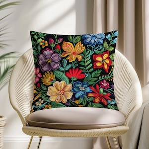 Colorful Embroidered Floral Pillow Cover – Vibrant Boho Throw Pillow for Couch or Bed Decor