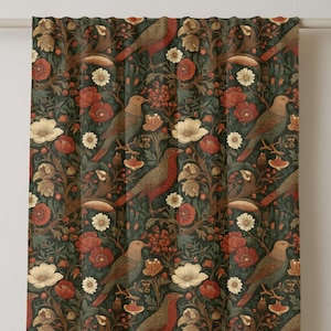 Dark Forest Bird Linen Curtain – Vintage Woodland Floral and Bird Pattern Drapery Panel for Cottagecore or Nature-Inspired Decor