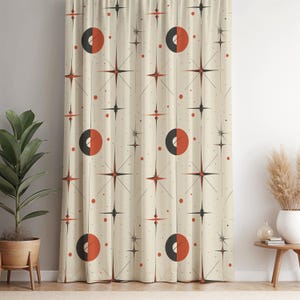 Retro Mid-Century Modern Curtain with Atomic Starburst Pattern, Geometric Circles & Stars on Beige Red Black –Vintage Space Theme Home Decor