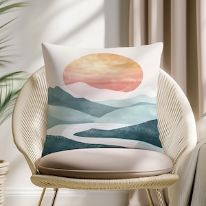 Abstract Landscape Pillow Cover – Soft Sunset and Mountain Scene Cushion for Boho Living Room or Bedroom Decor