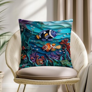 Colorful Fish Pillow Cover: Paper Art Ocean Theme Cushion