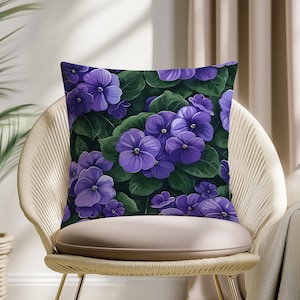 Purple Floral Pillow Cover – Elegant Violets Print Throw Pillow for Couch or Bedroom, Botanical Cushion for Spring Home Decor