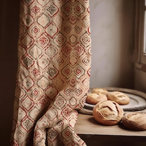 Linen Curtain with Vintage Medallion Pattern – Rustic Red and Taupe Toned Window Treatment for Cozy Traditional Interiors