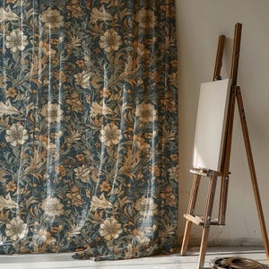 William Morris Style Linen Curtain, Vintage Floral Drapes in Blue Beige, Botanical Arts and Crafts Window Panel