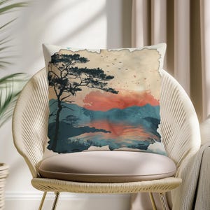 Watercolor Mountain Throw Pillow Cover: Artistic Sunset Landscape Cushion