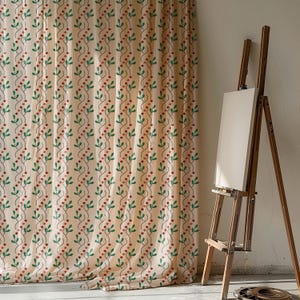 Vintage Floral Linen Curtain: Beige Green Botanical Sheer Drape