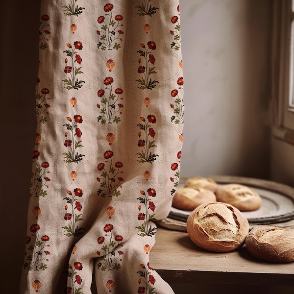 Folk Floral Linen Curtain: Art Nouveau Style, Red Olive Botanical Print, Blackout Option