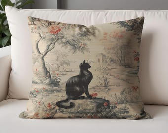 Vintage Black Cat Throw Pillow Cases - French Toile Cushion Cover, Gothic Home Decor