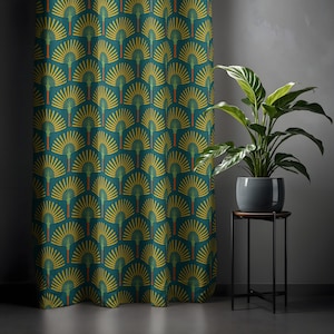 Art Deco Palm Pattern Curtain - Green and Gold Drapery for Modern and Vintage-Inspired Decor