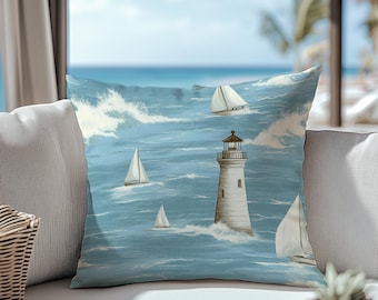 Nautical Outdoor Pillow Cover – Waterproof Coastal Cushion with Sailboat and Lighthouse Design for Beach House Decor