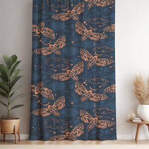 Dark Moth and Moon Curtain with Celestial Clouds – Mystical Boho Drapes for Magical and Dreamy Interiors