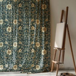 Teal Floral Linen Curtain: Vintage Botanical Drapes