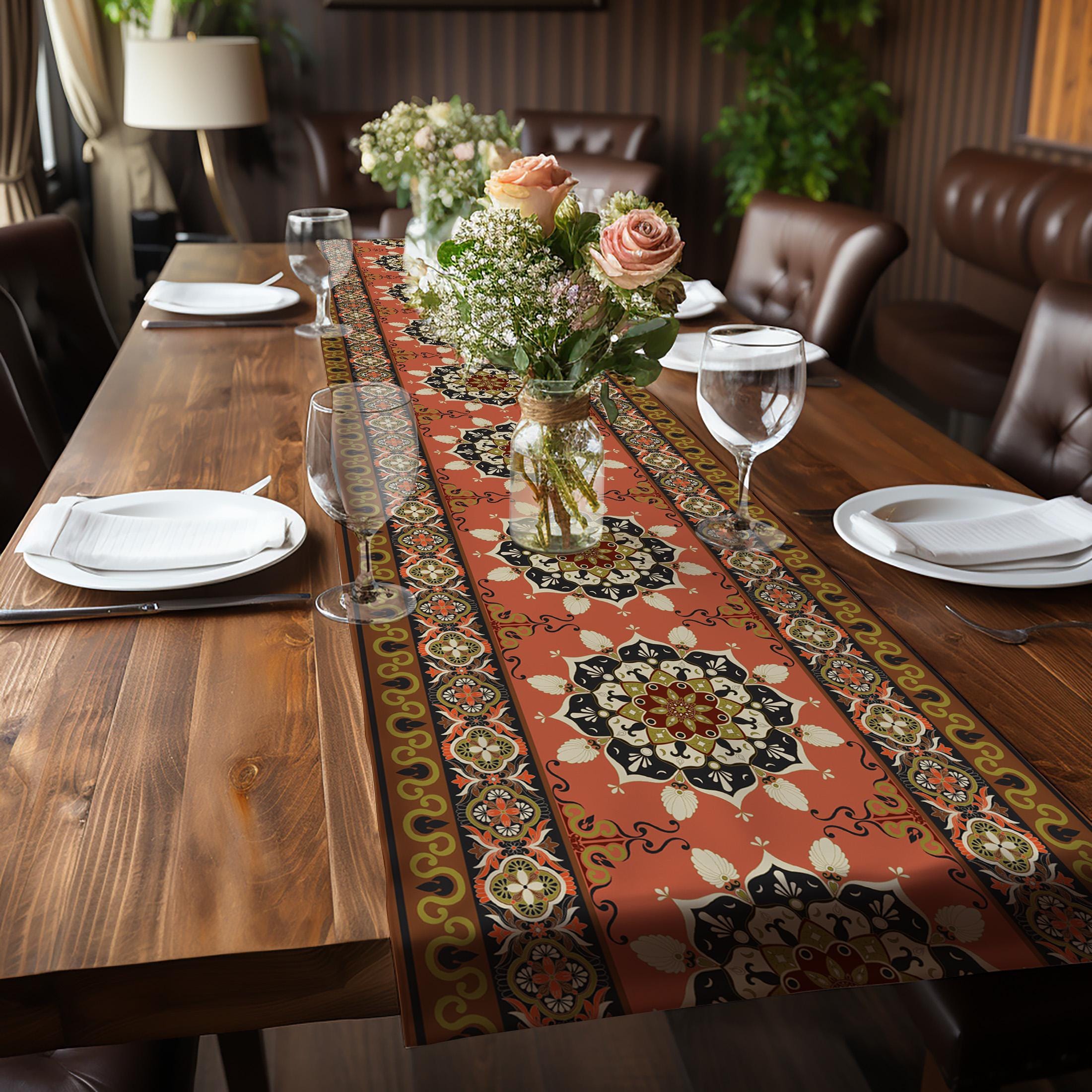 Terracotta Table Runner: Moroccan Floral Geometric Print