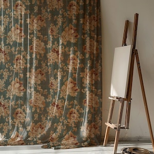 Vintage Floral Linen Curtain – Earthy Green & Rust Botanical Drapery for Cozy Farmhouse and Rustic Decor