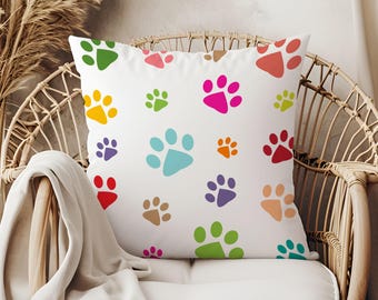 Colorful Paw Print Throw Pillow Cases- Pet Lover Decor for Dog & Cat Owners