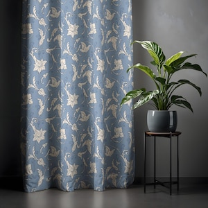 Blue and White Floral Curtain - Elegant Botanical Design for Home Decor