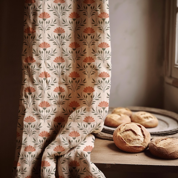 Terracotta Floral Linen Curtain: Scandinavian Style, Blackout Option