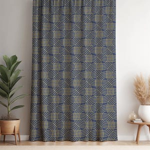 Navy and Gold Geometric Curtain Panel: Art Deco Spiral Grid Drapes