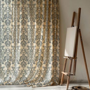 Floral Pattern Linen Curtain - Vintage Damask Design, Natural Fabric Window Treatment, Elegant Home Decor